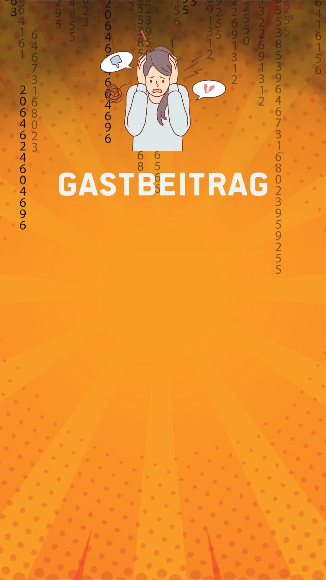Sharepic Orange. Aufschrift Gastbeitrag. Illustrationen die Digitale Gewalt symbolisieren sollen.