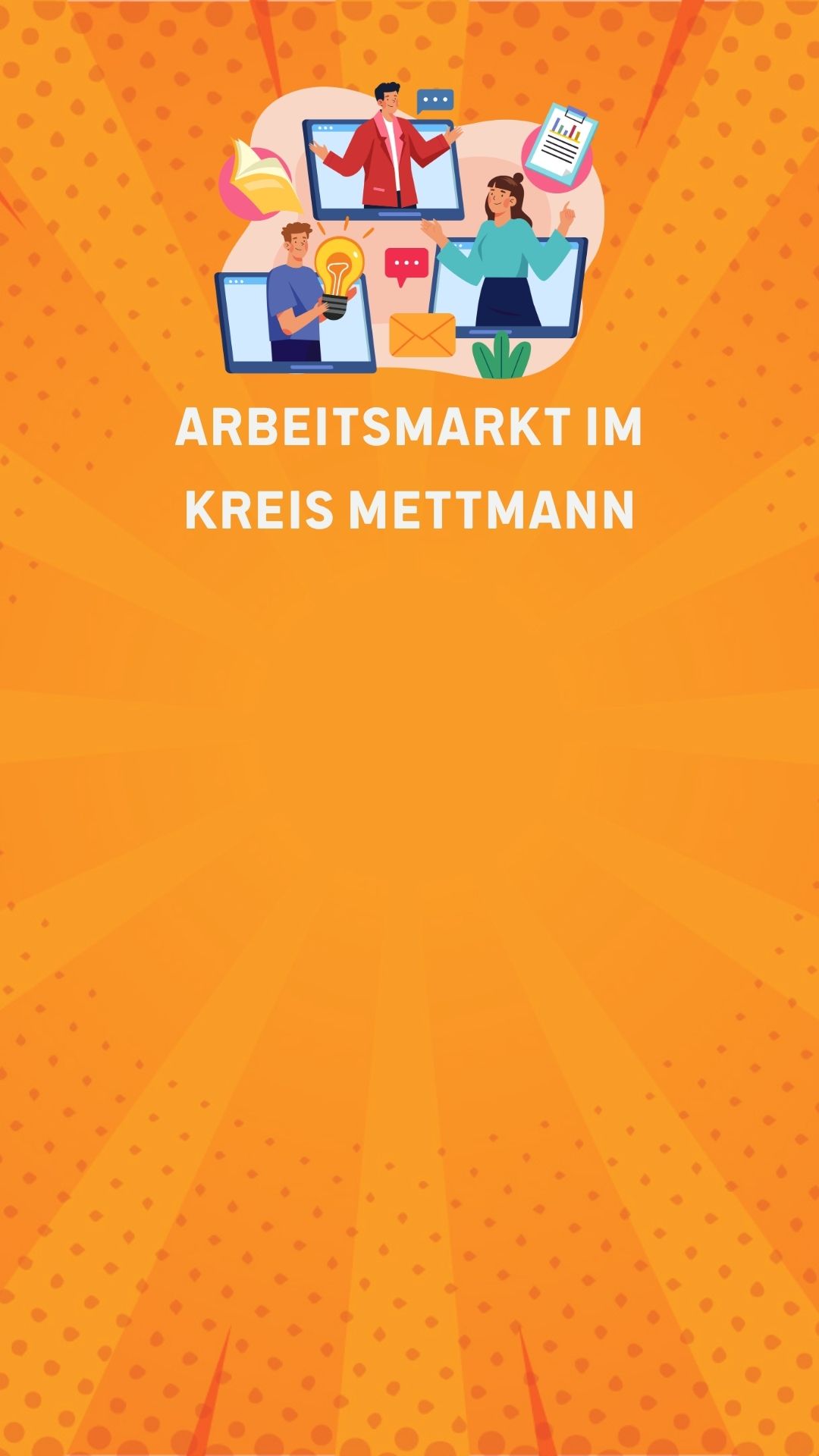 Sharepic im Hochkantformat. Orange farbender Hintergrund. Oben eine Grafik die Wirtschaft symbolisiert, hierunter der Text "Arbeitsmarkt im Kreis Mettmann"